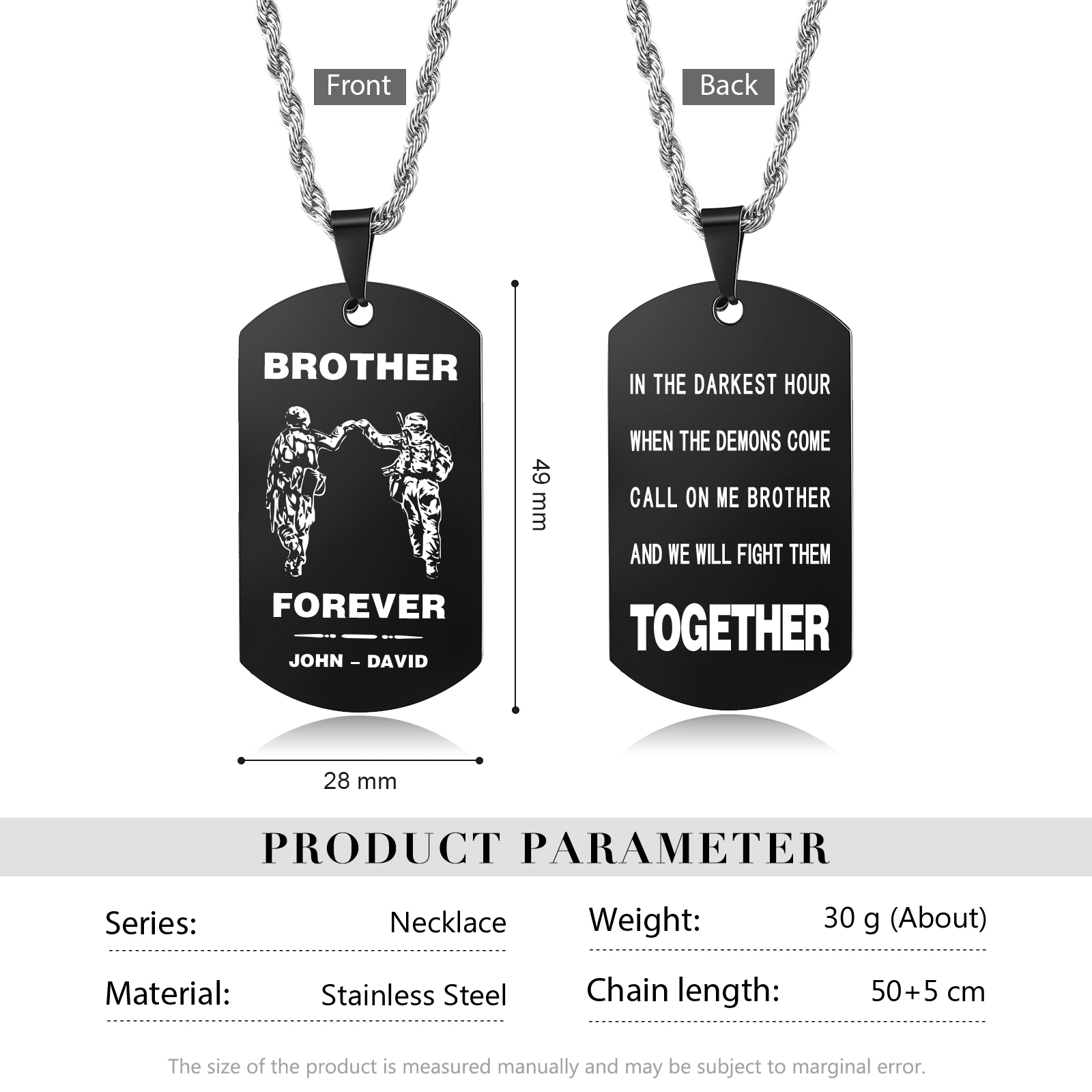Brother Forever Dog Tag Necklace Personalised Black Double-sided Necklace Customised 2 Names Soldier Necklace Gift to Brother-Jessemade AU