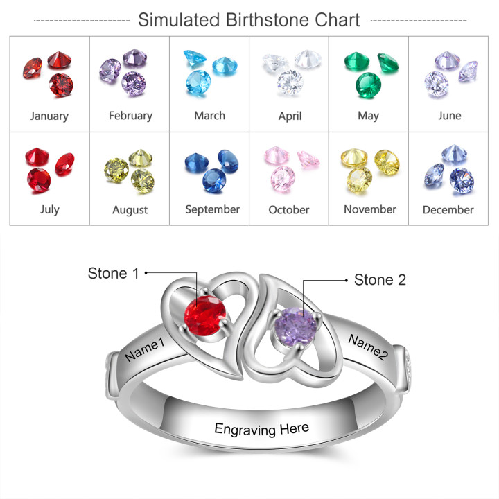 Personalised Heart Ring With 2 Birthstones Engraved Names Ring Gift For Women-Jessemade AU