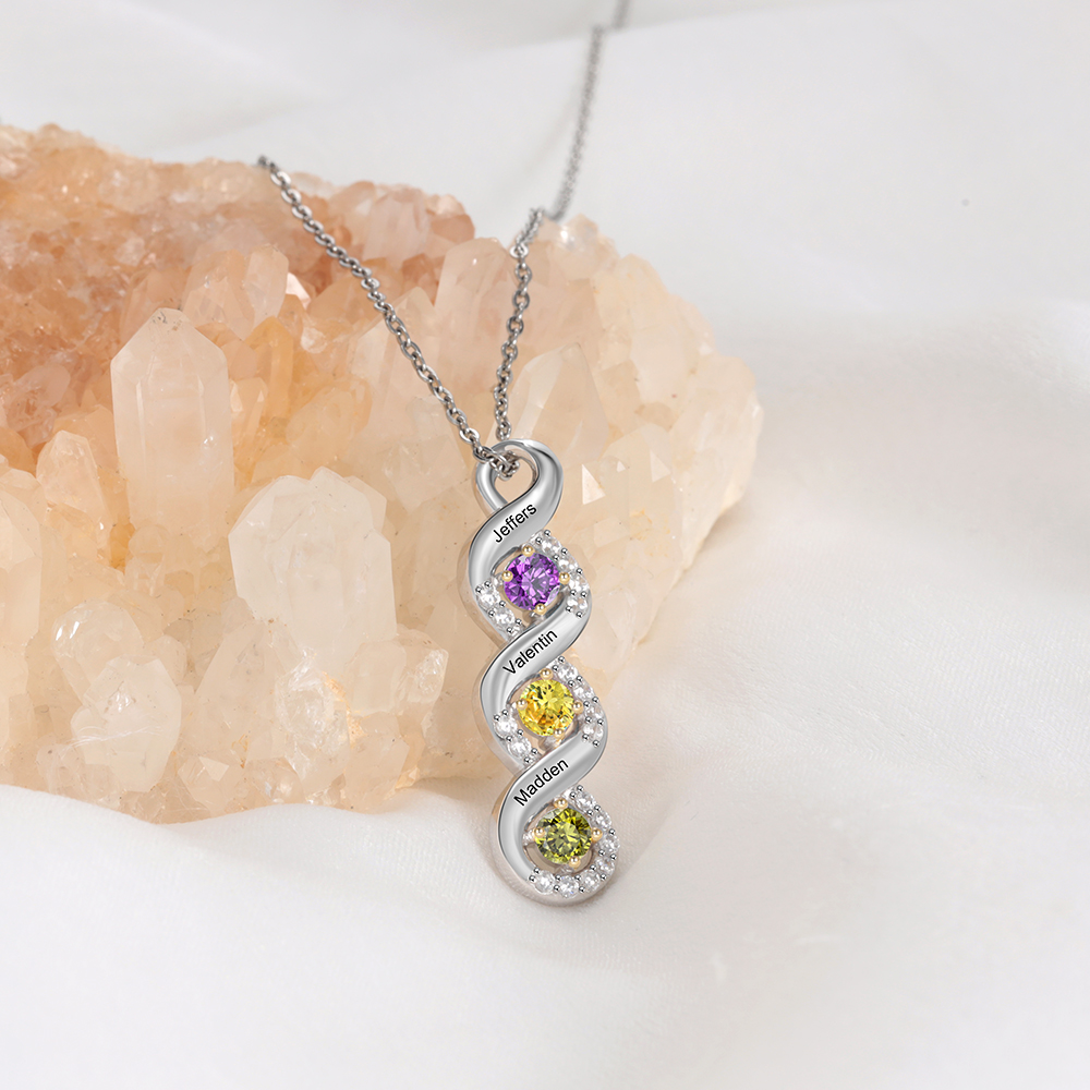 Personalised DNA Necklace With 3 Birthstones Engraved Names Gift For Women-Jessemade AU