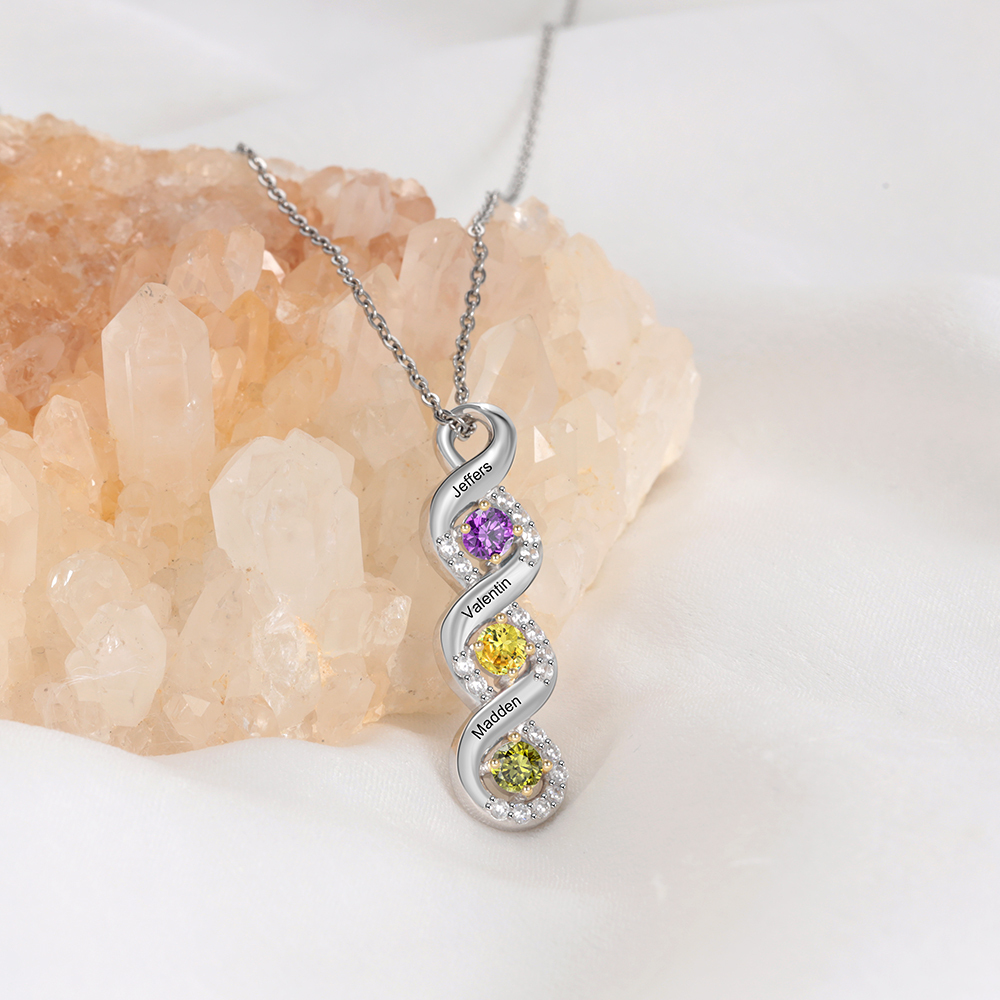 Personalised DNA Necklace With 3 Birthstones Engraved Names Gift For Women-Jessemade AU
