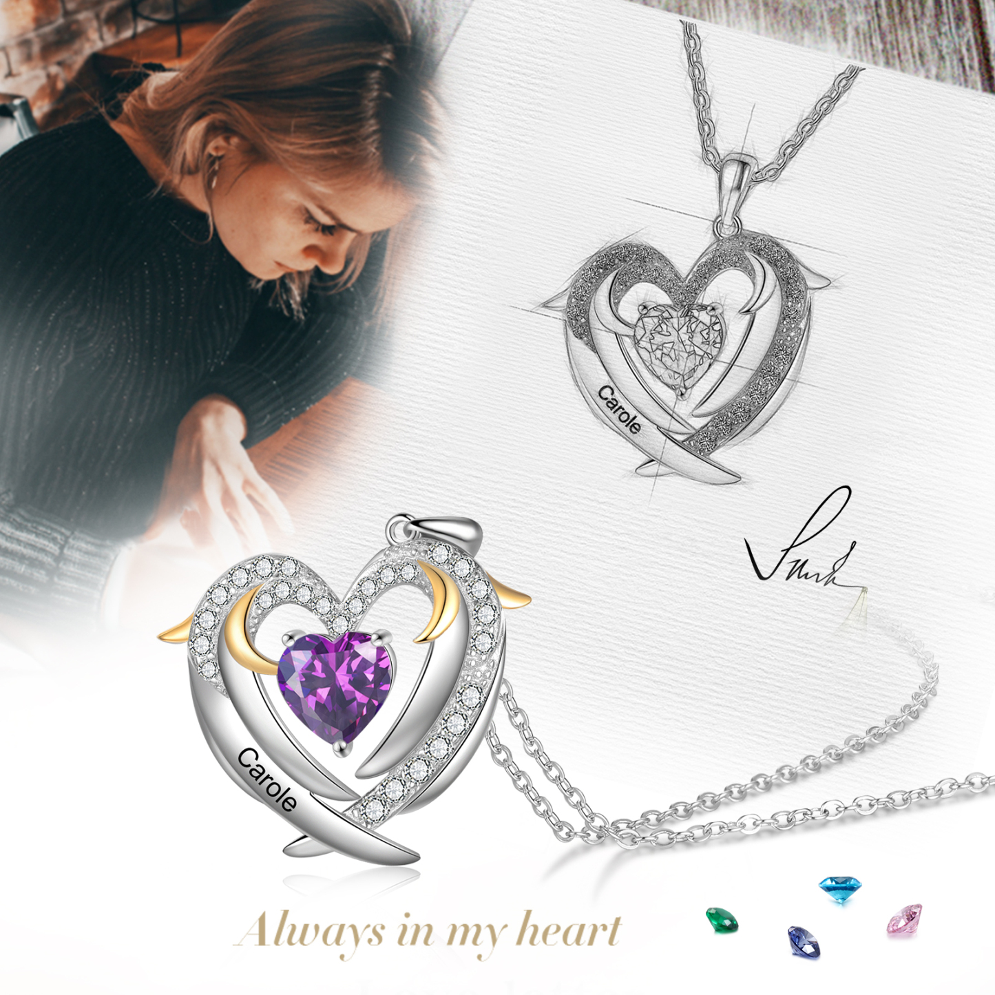 Personalised Heart Wings Necklace With 1 Birthstone Custom Names Necklace Gift For Her-Jessemade AU