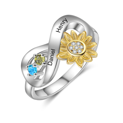Personalised 2 Birthstones Sunflower Ring Engraved Names Infinity Ring Gifts For Her-Jessemade AU