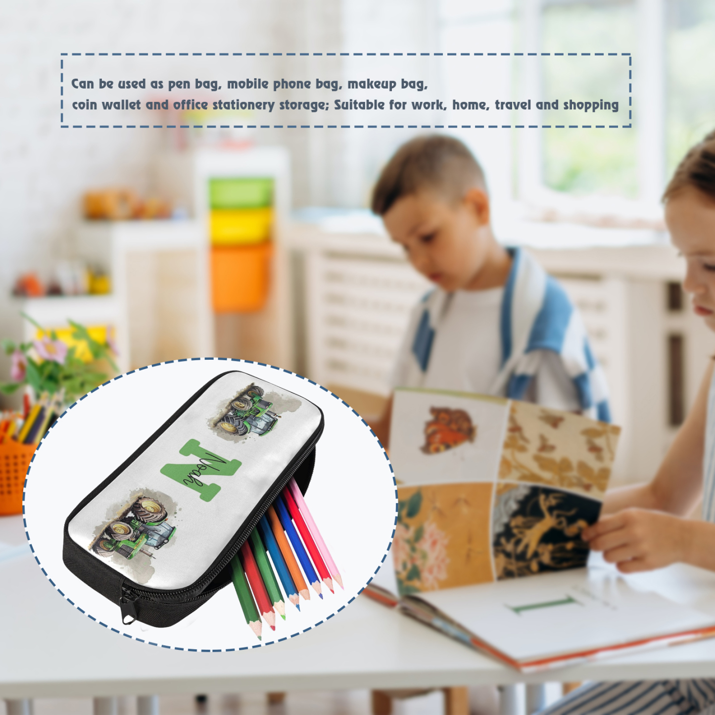 Personalised  Name Pencil Case Green Bulldozer Pen Bag Zipper Back to School Gifts for Student-Jessemade AU