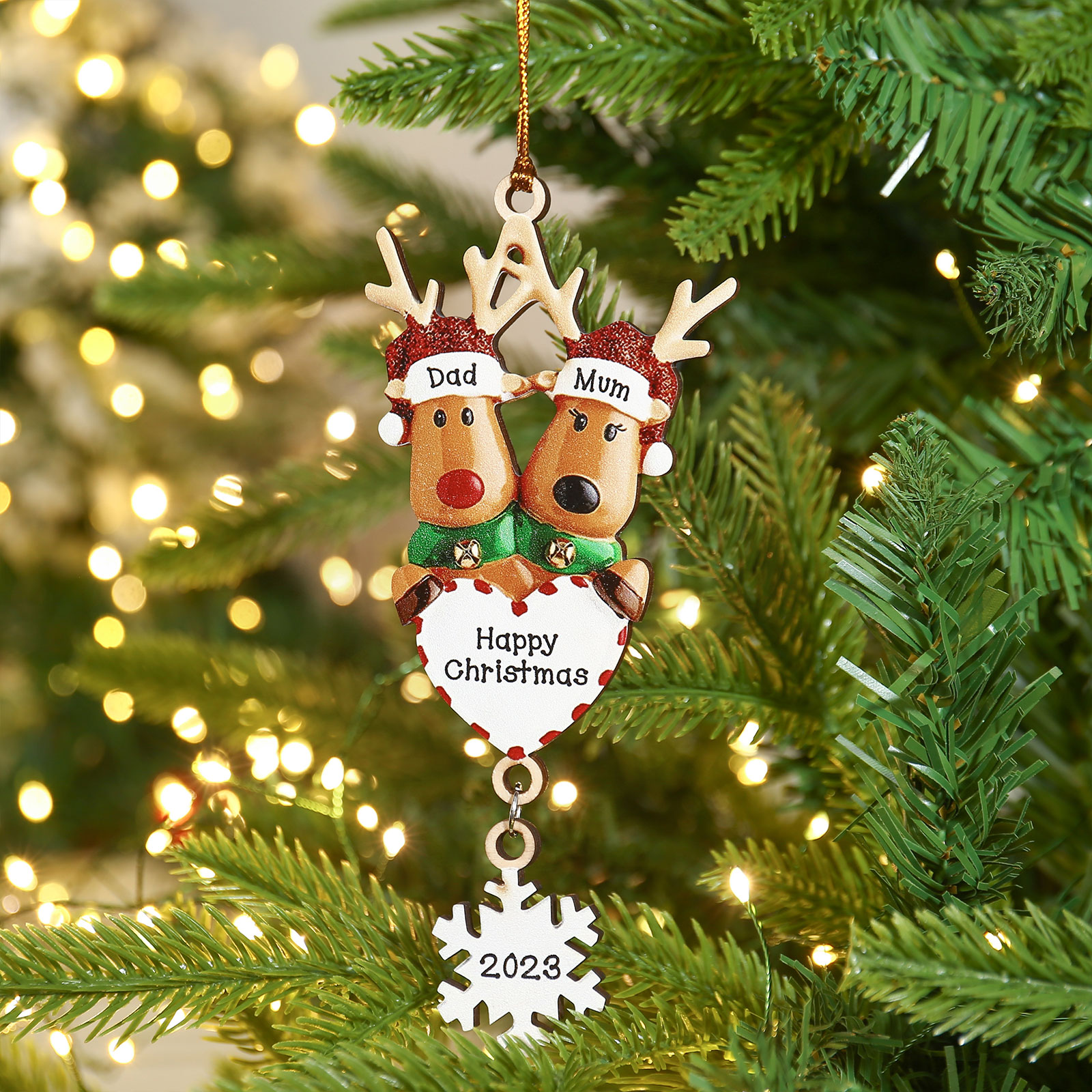 2 Names - Personalised Reindeer Christmas Ornament Customised Name & Text & Year Wooden Hanging Ornaments Christmas Gift for Family-Jessemade AU