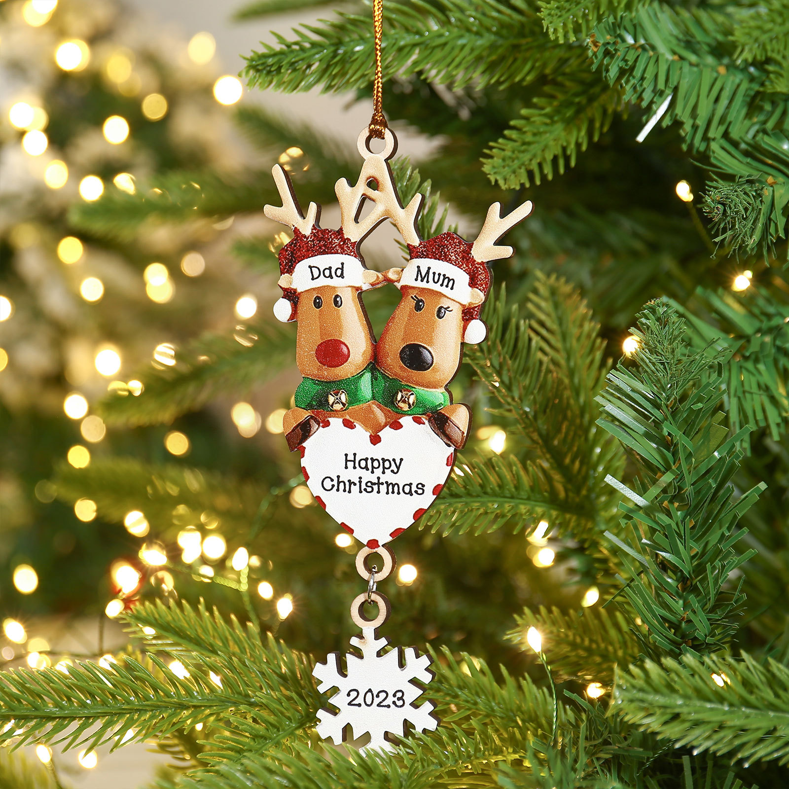 2 Names - Personalised Reindeer Christmas Ornament Customised Name & Text & Year Wooden Hanging Ornaments Christmas Gift for Family-Jessemade AU