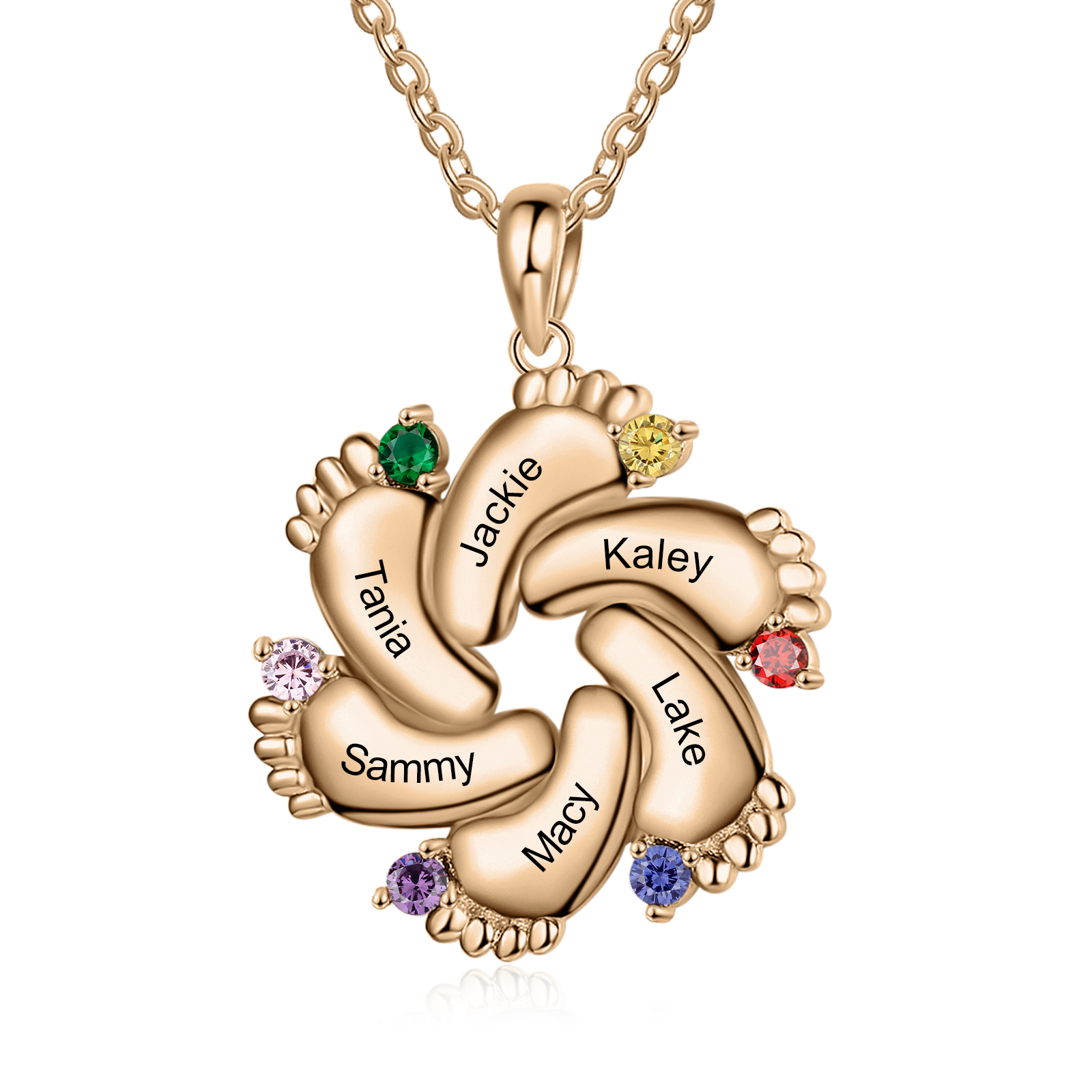 Personalised Baby Feet Necklace With 6 Birthstones Engraved Names Gift For Mother-Jessemade AU