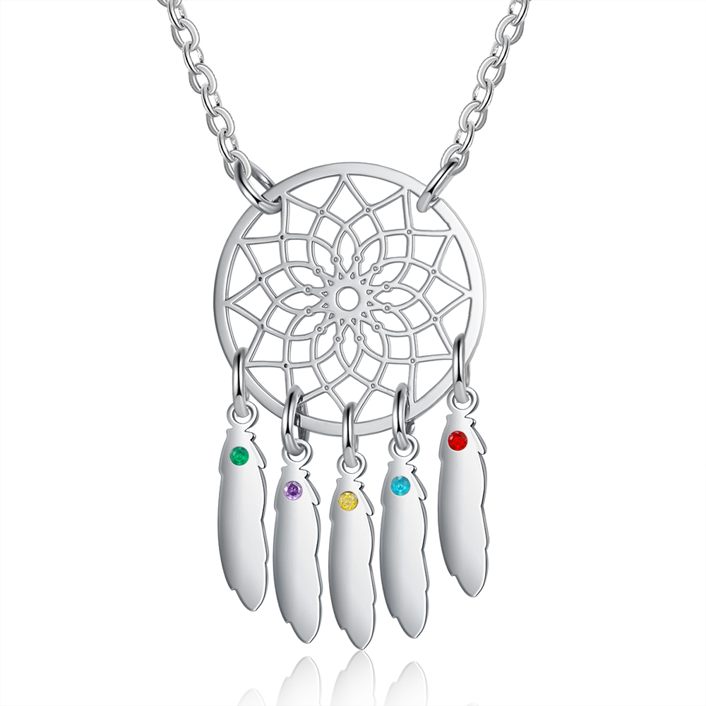 Personalised Dream Catcher Necklace With 5 Birthstones Engraved Names Gift For Women-Jessemade AU