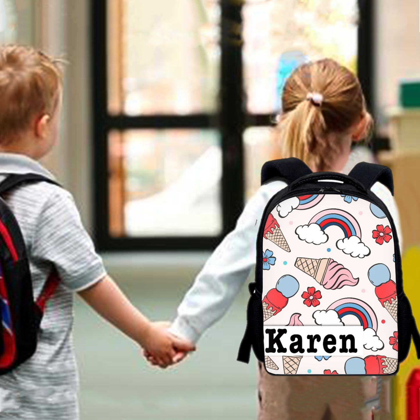 Custom Name Schoolbag Ice Cream Rainbow Backpack Personalised School Bag for Kids-Jessemade AU