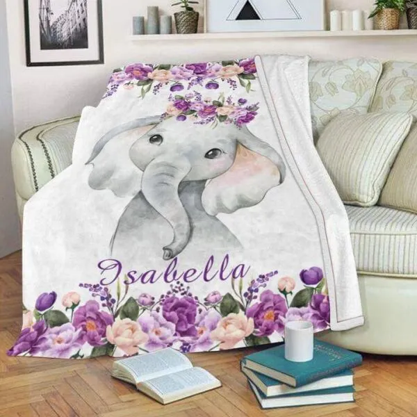 Personalised Purple Floral Elephant Blanket Custom Name Gifts For Baby Girl-Jessemade AU