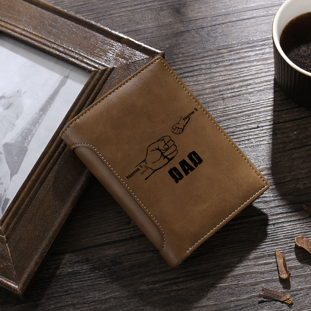 2 Names - Personalised Men Leather Wallet Custom Text & Name Folding Wallet Fist Bump Wallet Gift for Dad-Jessemade AU
