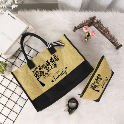 Personalised Family Tree Tote Bag Set Custom 2 Names & 1 Text Handbag Large Capacity Shoulder Bag Shopping Bag Zipper Bag Gift for Mother/Grandma-Jessemade AU