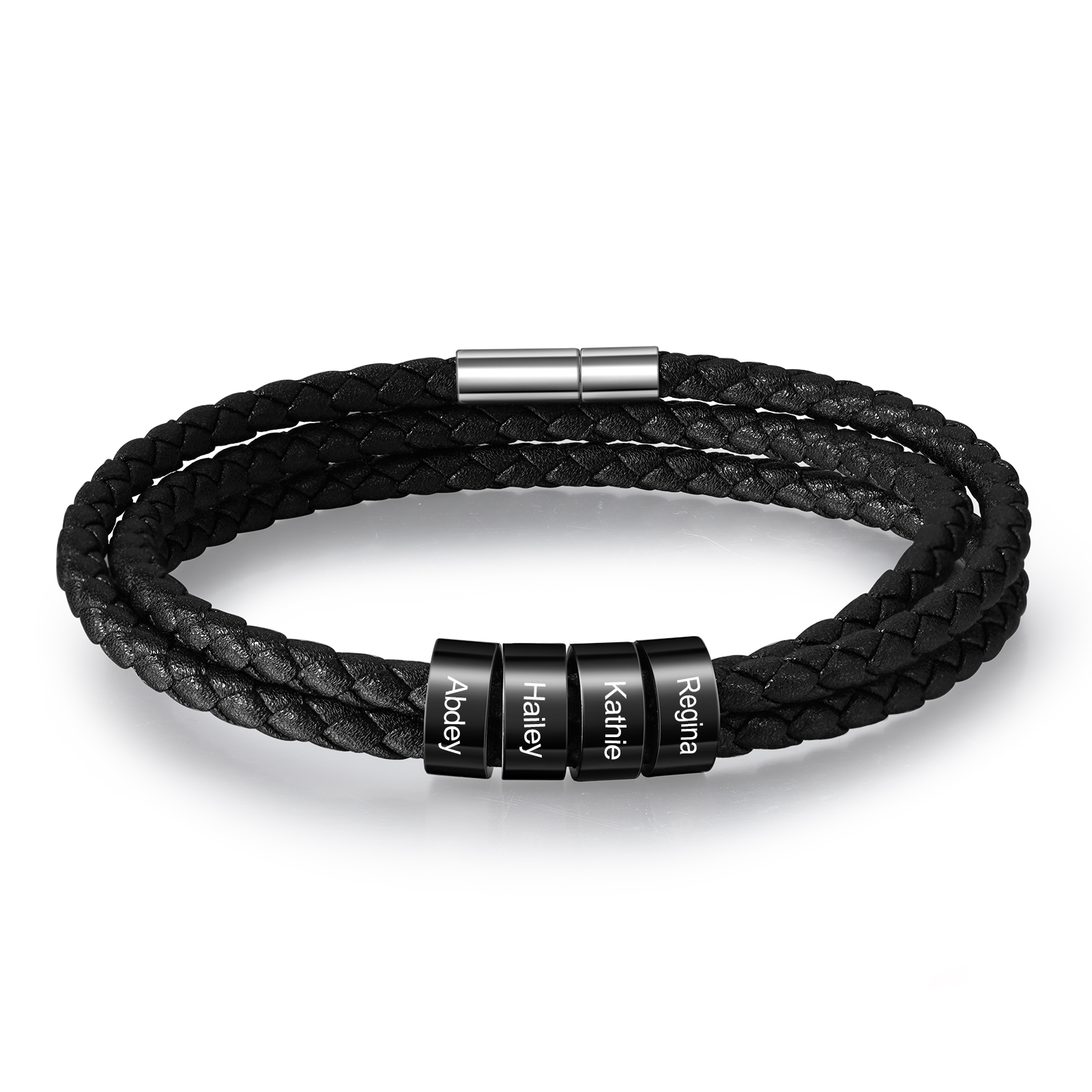 Personalised Men's Leather Bracelet Custom 4 Names Braided Bracelet with Beads Multi-Layered Bracelet Gift for Dad