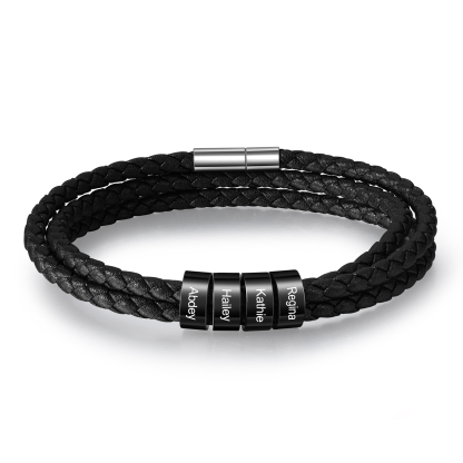 Personalised Men's Leather Bracelet Custom 4 Names Braided Bracelet with Beads Multi-Layered Bracelet Gift for Dad