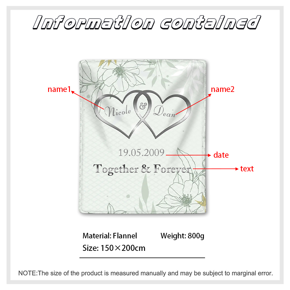 Green Personalised Couple Blanket Customised 2 Names & Date & Text Blanket Heart Valentine's Day Gifts for Him/Her-Jessemade AU