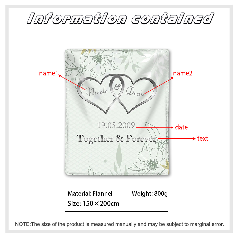 Green Personalised Couple Blanket Customised 2 Names & Date & Text Blanket Heart Valentine's Day Gifts for Him/Her-Jessemade AU
