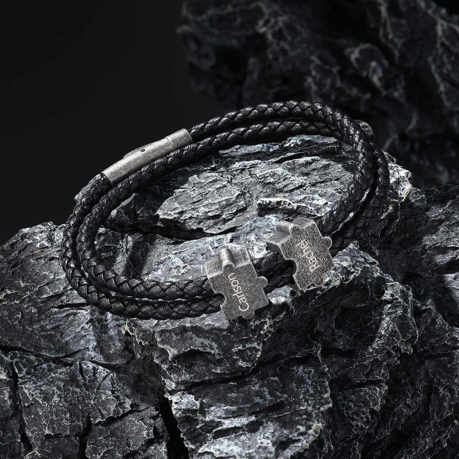 Vintage Men's Leather Bracelet Custom 2 Names Puzzles Bracelet Two Layers Bracelet Personalised Gift for Him-Jessemade AU