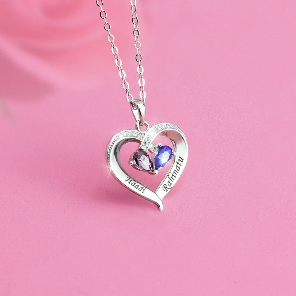 Personalised Heart Mother Necklace With 2 Birthstones Engraved Names Gifts For Her-Jessemade AU