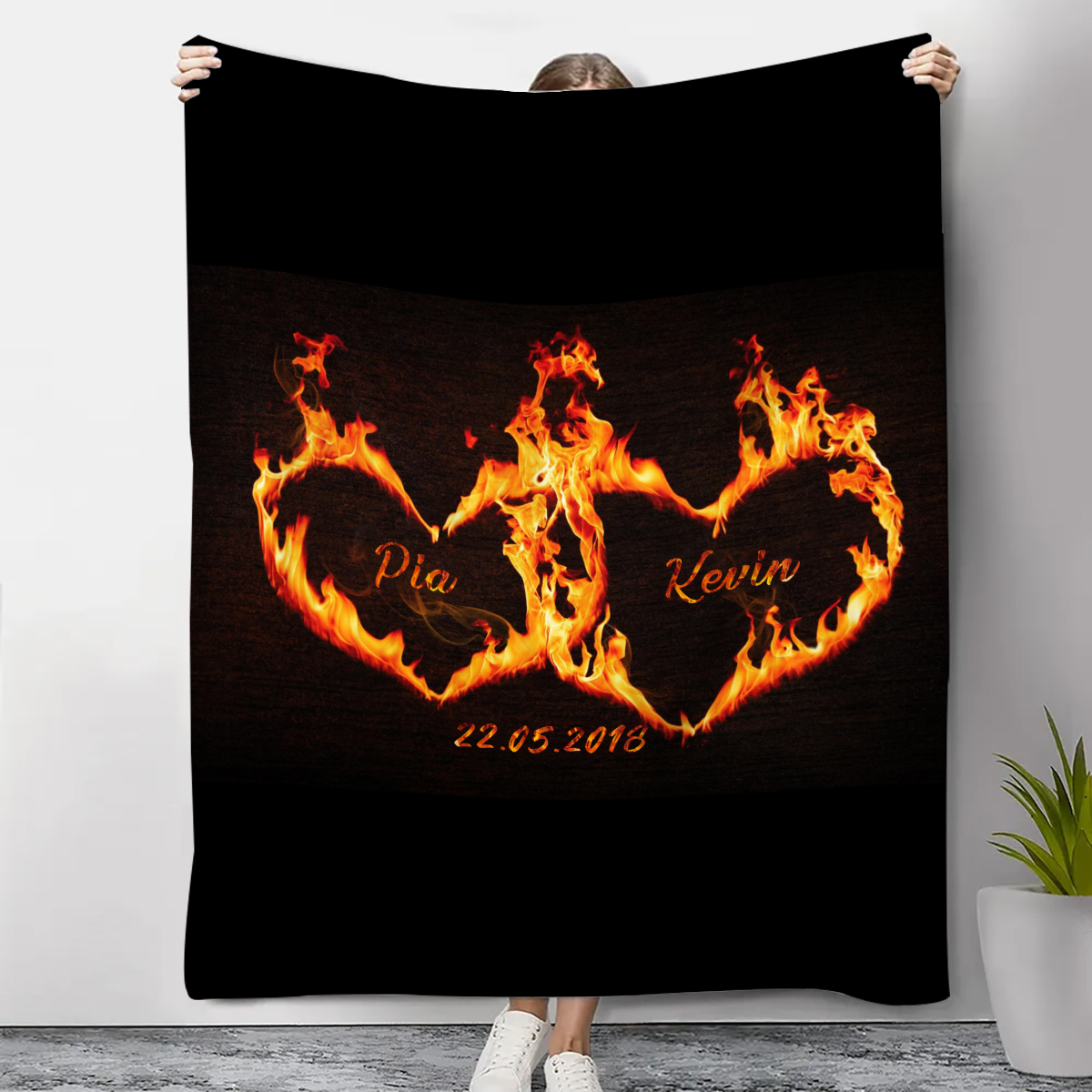 Personalised Couple Blanket Custom 2 Names & Date Blanket Burning Love Valentine's Day Anniversary Gift for Couples-Jessemade AU