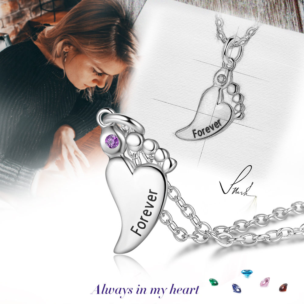 Personalised Baby Foot Necklace With 1 Birthstone Engraved Names Gift For Women-Jessemade AU