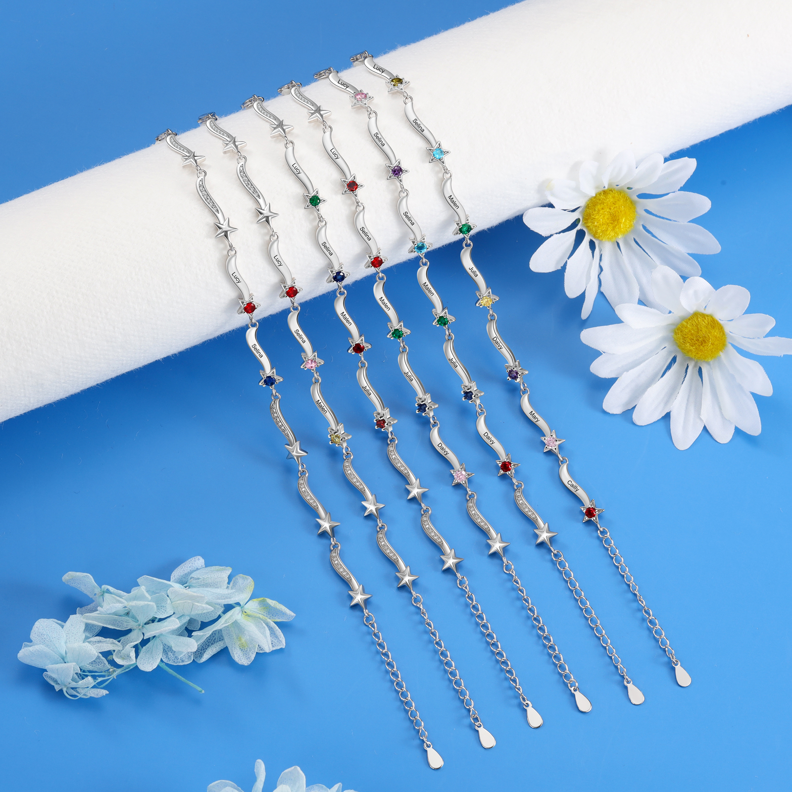 Personalised Star Bracelet With 3 Birthstones Custom Names Bracelet Gift For Women-Jessemade AU