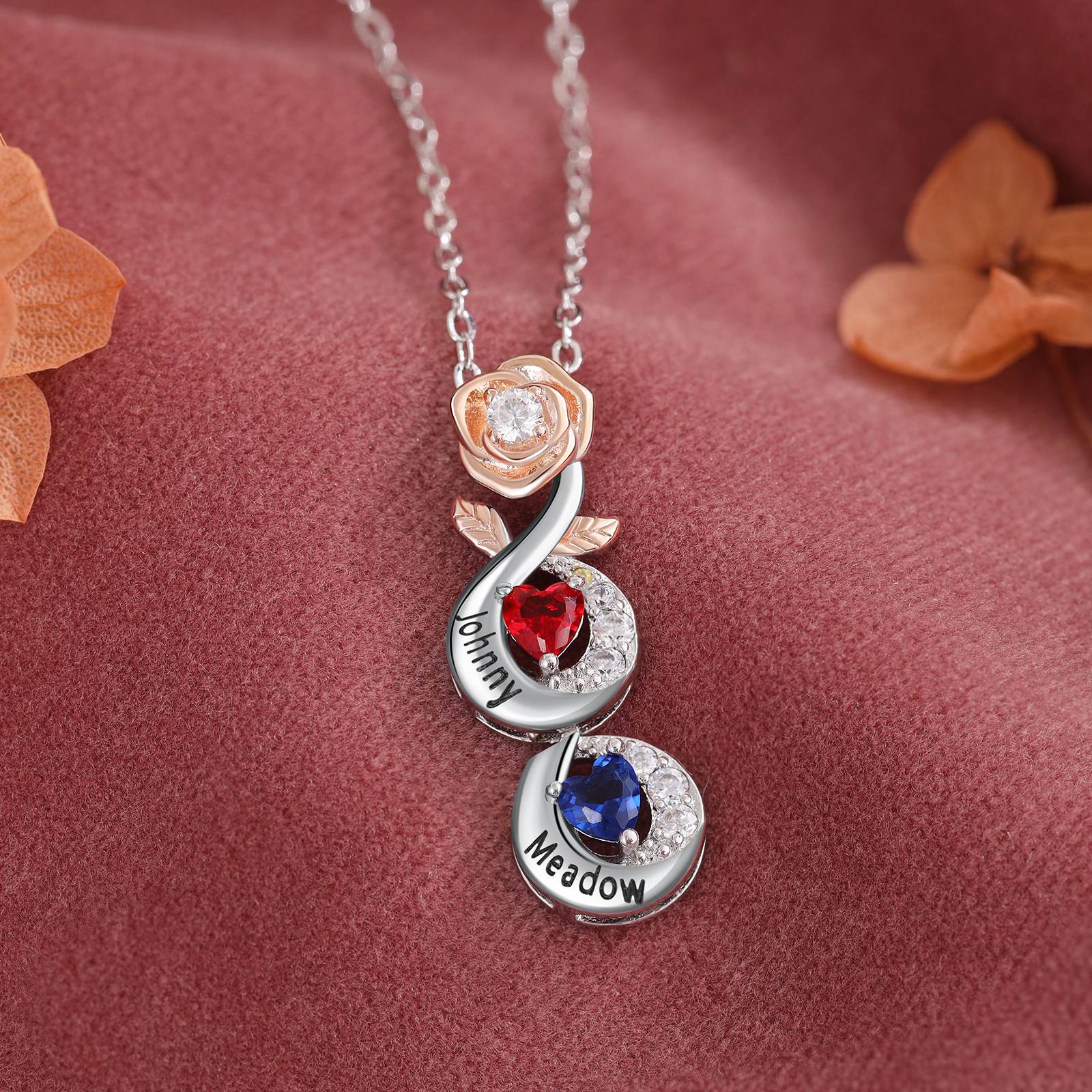 Custom Family Necklace Rose Pendant with 2 Birthstones Engraving 2 Names Gifts for Her-Jessemade AU