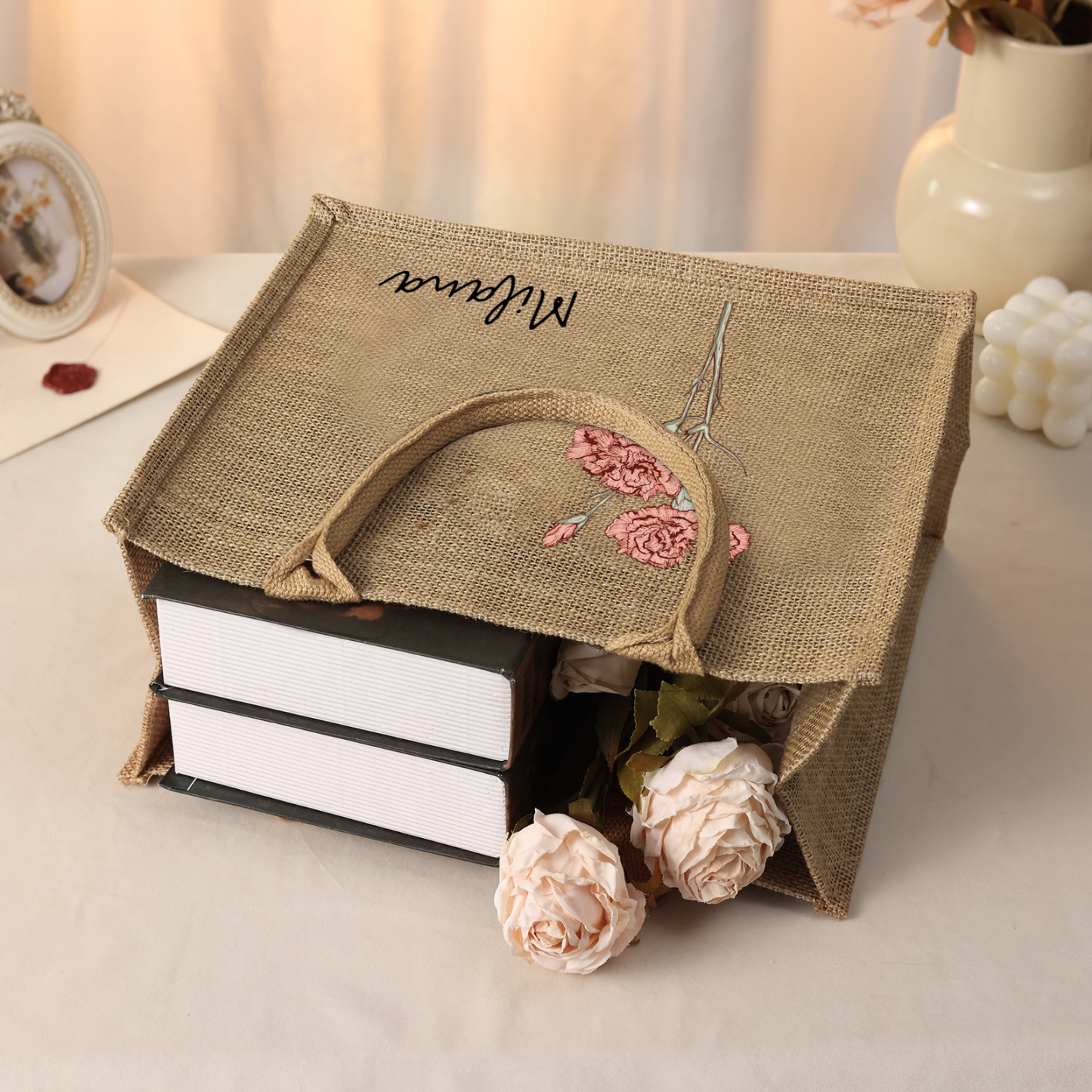 Personalised Birth Flower & Name Tote Bag Beach Jute Bag Birthday Wedding Party Travel Gift for Women/Girls-Jessemade AU