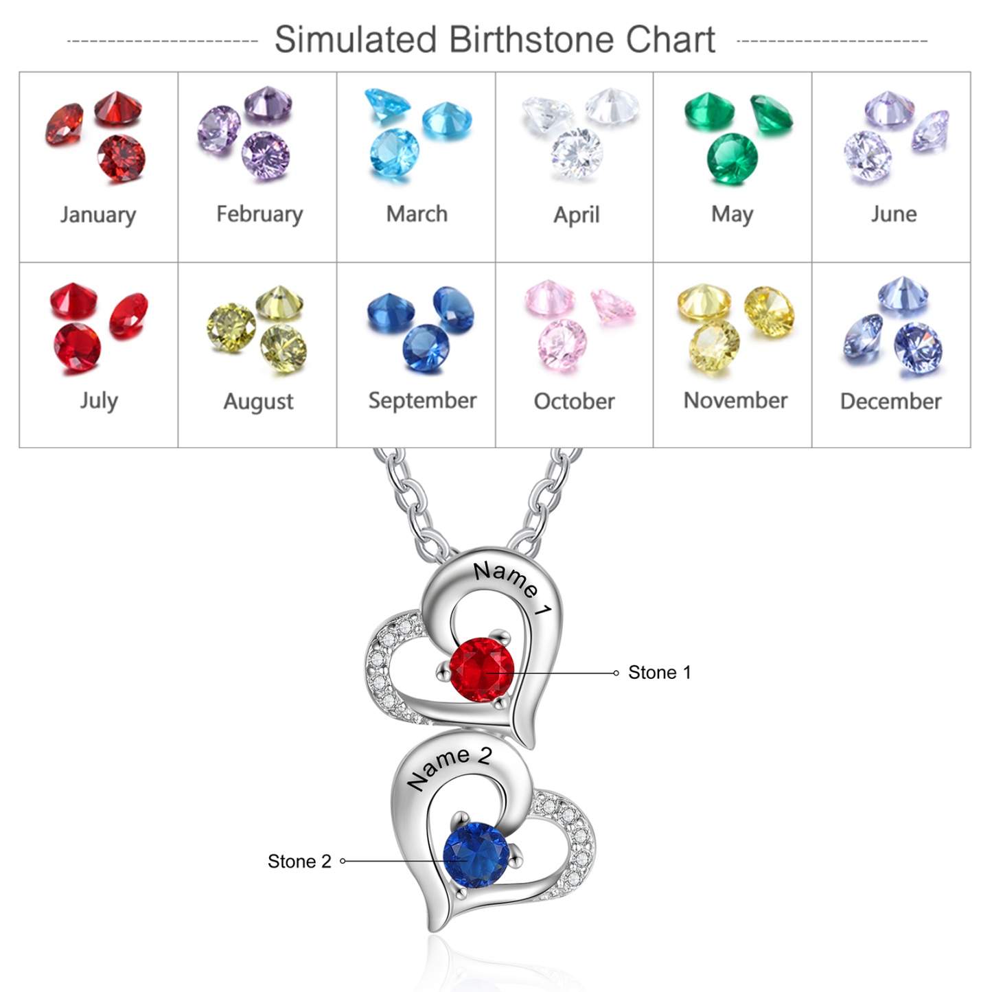 Personalised Heart Necklace With 2 Birthstones Engraved Names Gift For Her-Jessemade AU