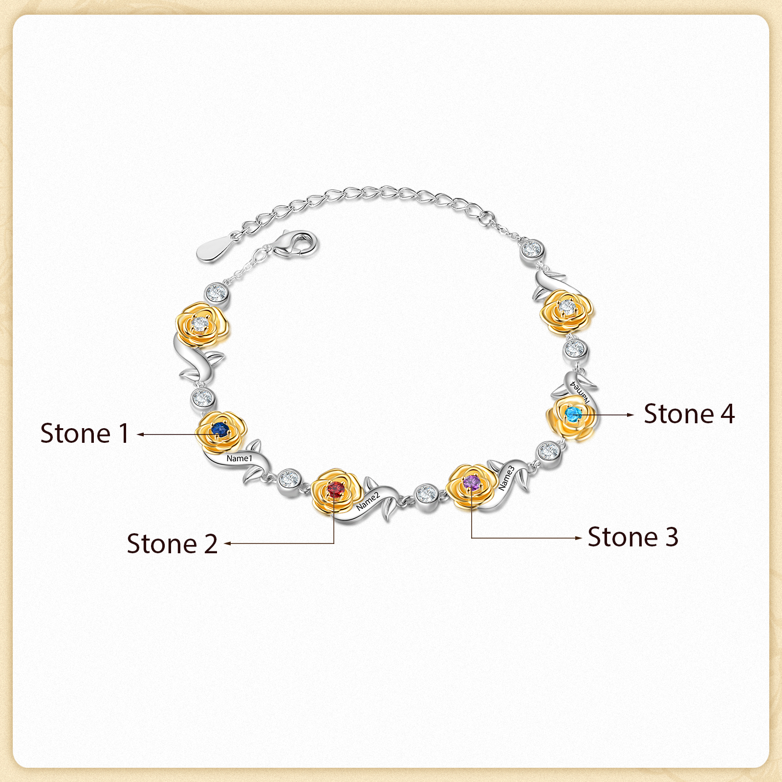 Flowers Bracelet Personalised 4 Birthstones Bracelet Engraved Names Flowers Charm Gifts For Her-Jessemade AU