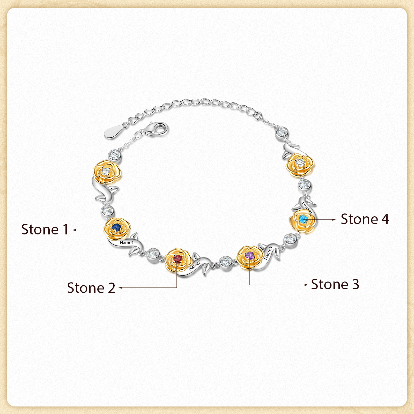 Flowers Bracelet Personalised 4 Birthstones Bracelet Engraved Names Flowers Charm Gifts For Her-Jessemade AU