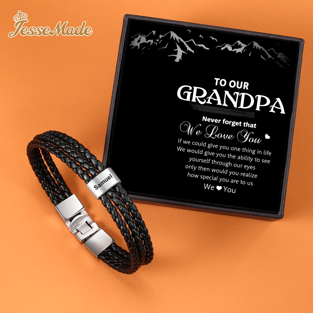Personalizsed Braided Leather Bracelet Engraved 1 Name Men's Bracelet Gifts For Him-Jessemade AU