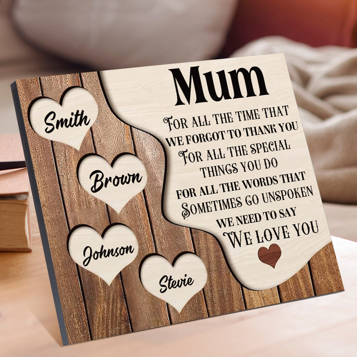 4 Names - Personalised Mum Wooden Plaque Custom Names Home Decoration Hearts Gift for Mother-Jessemade AU