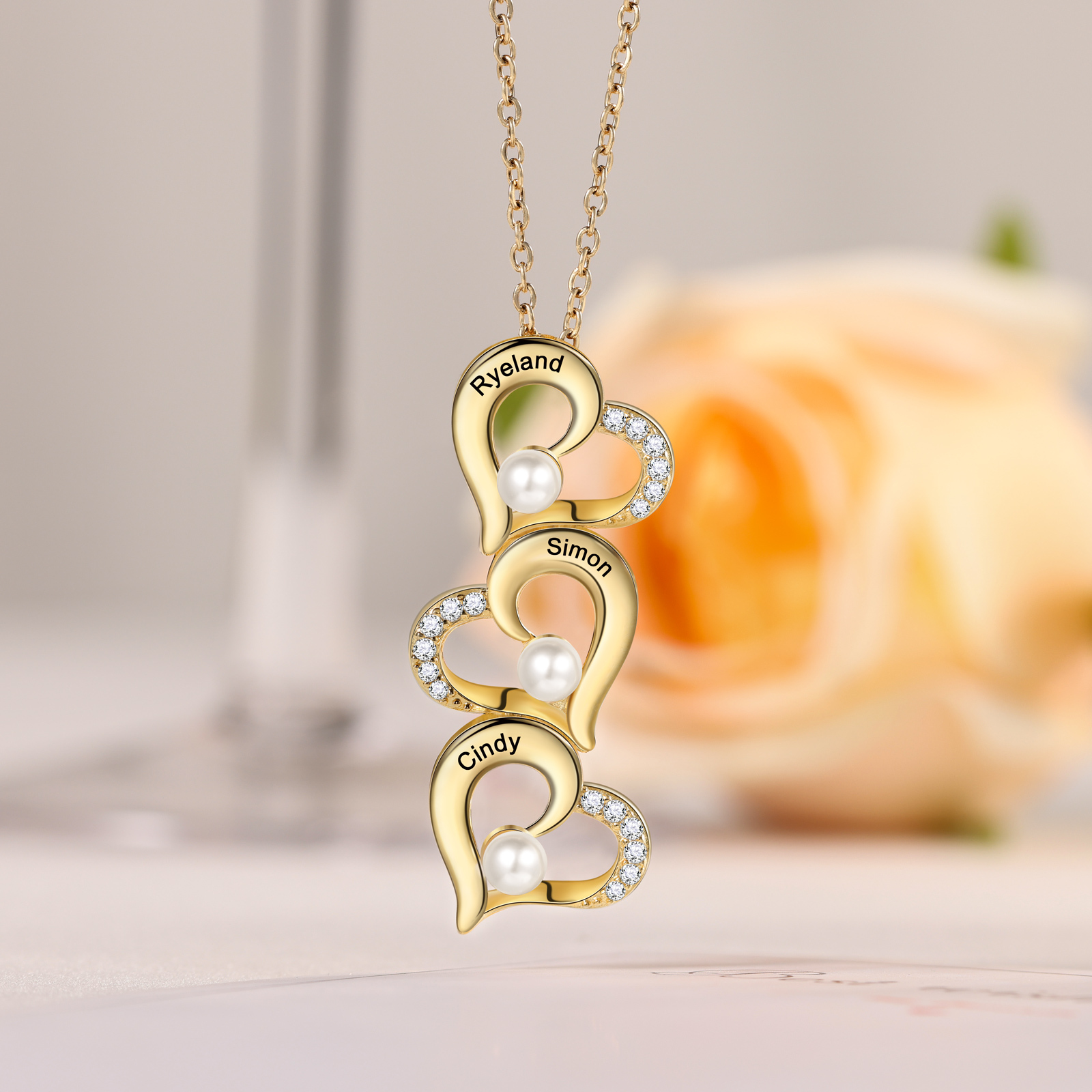 3 Names - Personalised Heart Shape Pendant Necklace Women's Customised Name Necklace Pearl Necklace Birthday Gift for Mother-Jessemade AU