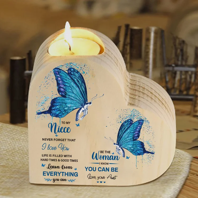 To My Niece Heart Candle Holder Never Forget That I Love You Wooden Blue Butterfly Candlestick-Jessemade AU