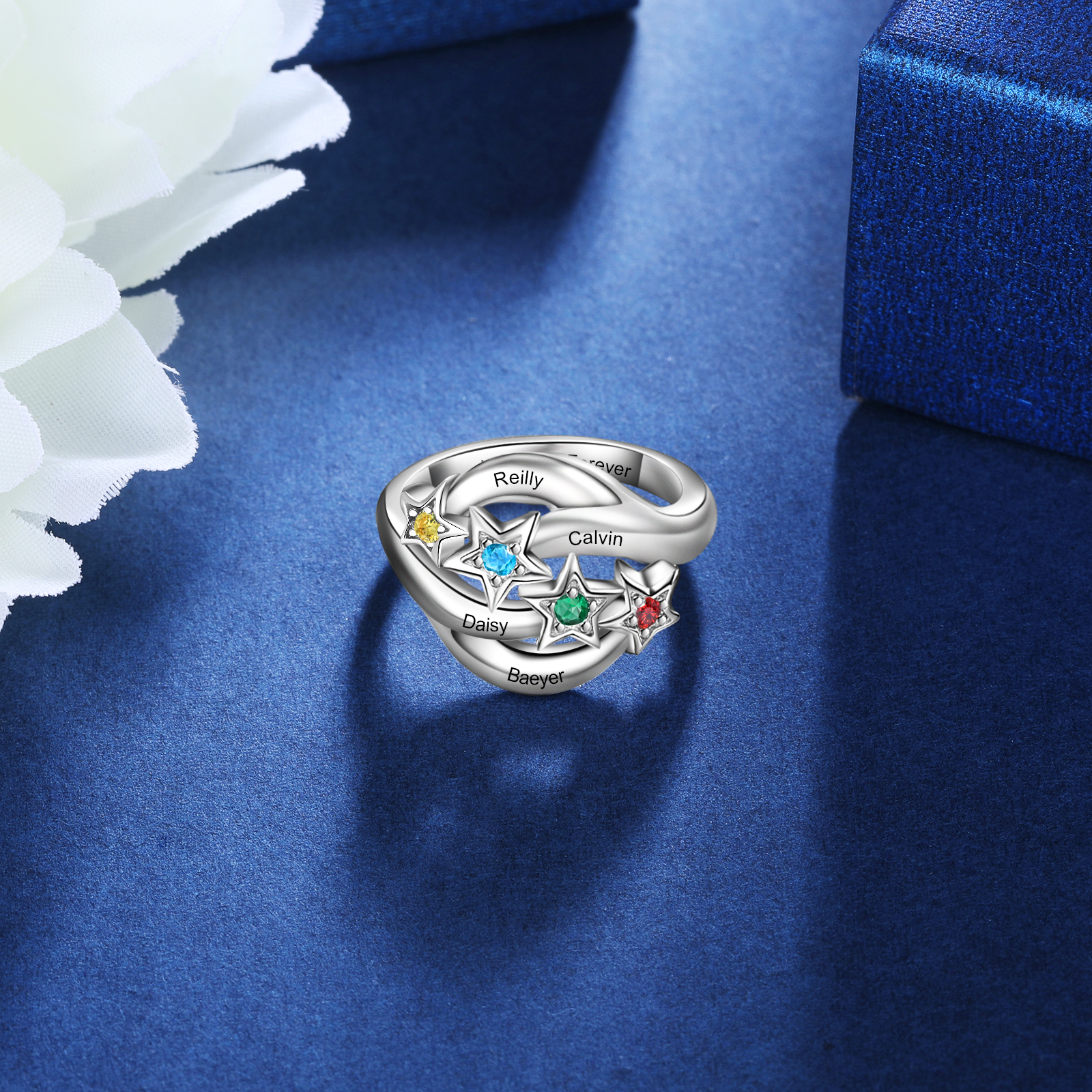 Personalised Star Ring With 4 Birthstones Engraved Names Ring Gift For Women-Jessemade AU