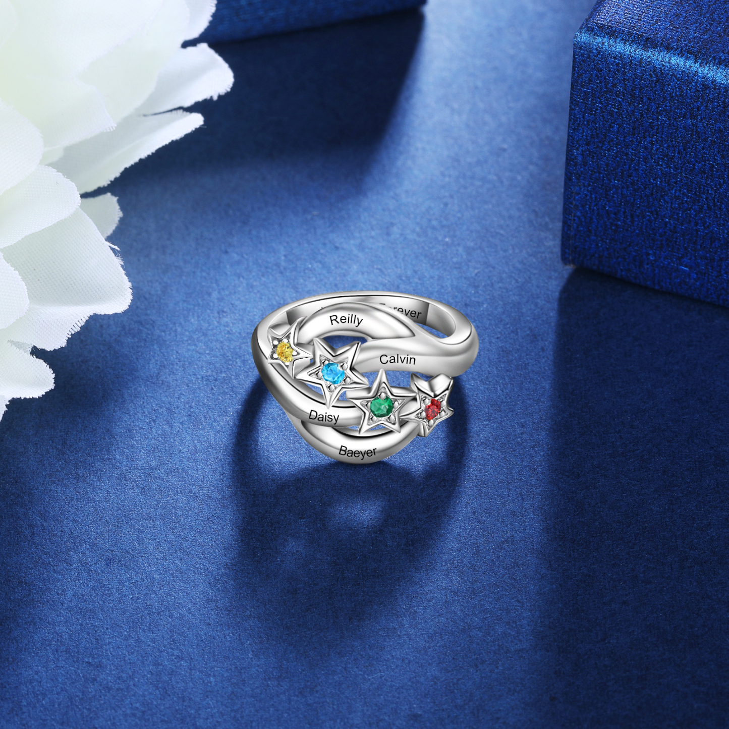 Personalised Star Ring With 4 Birthstones Engraved Names Ring Gift For Women-Jessemade AU