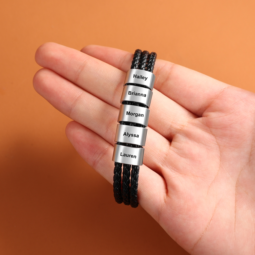 Personalised Braided Leather Bracelet Engraved 6 Names Men's Bracelet Gifts For Him-Jessemade AU