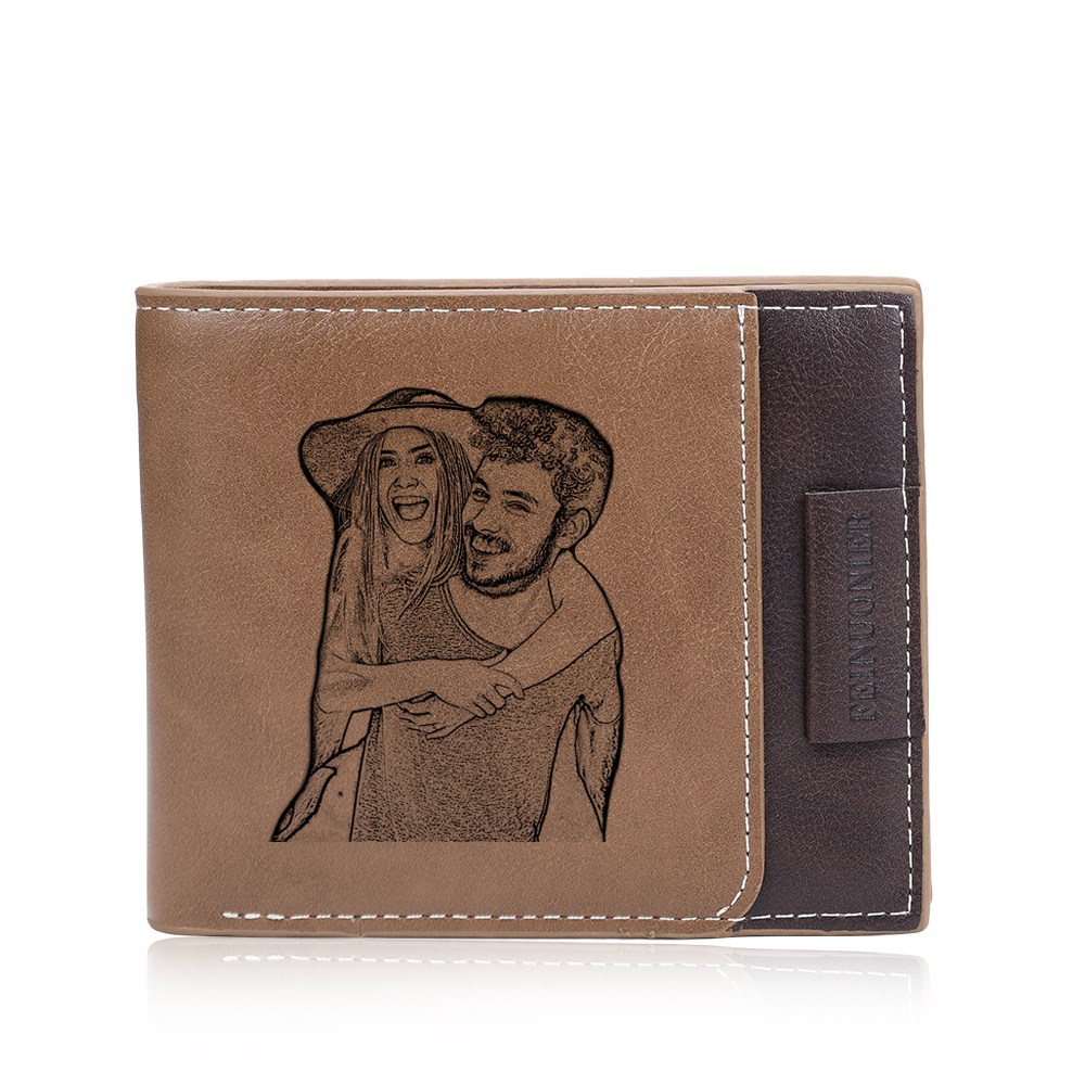 Brown Personalised Leather Wallet Engraved Photo Short Purse Folding Wallet Gifts For Men-Jessemade AU