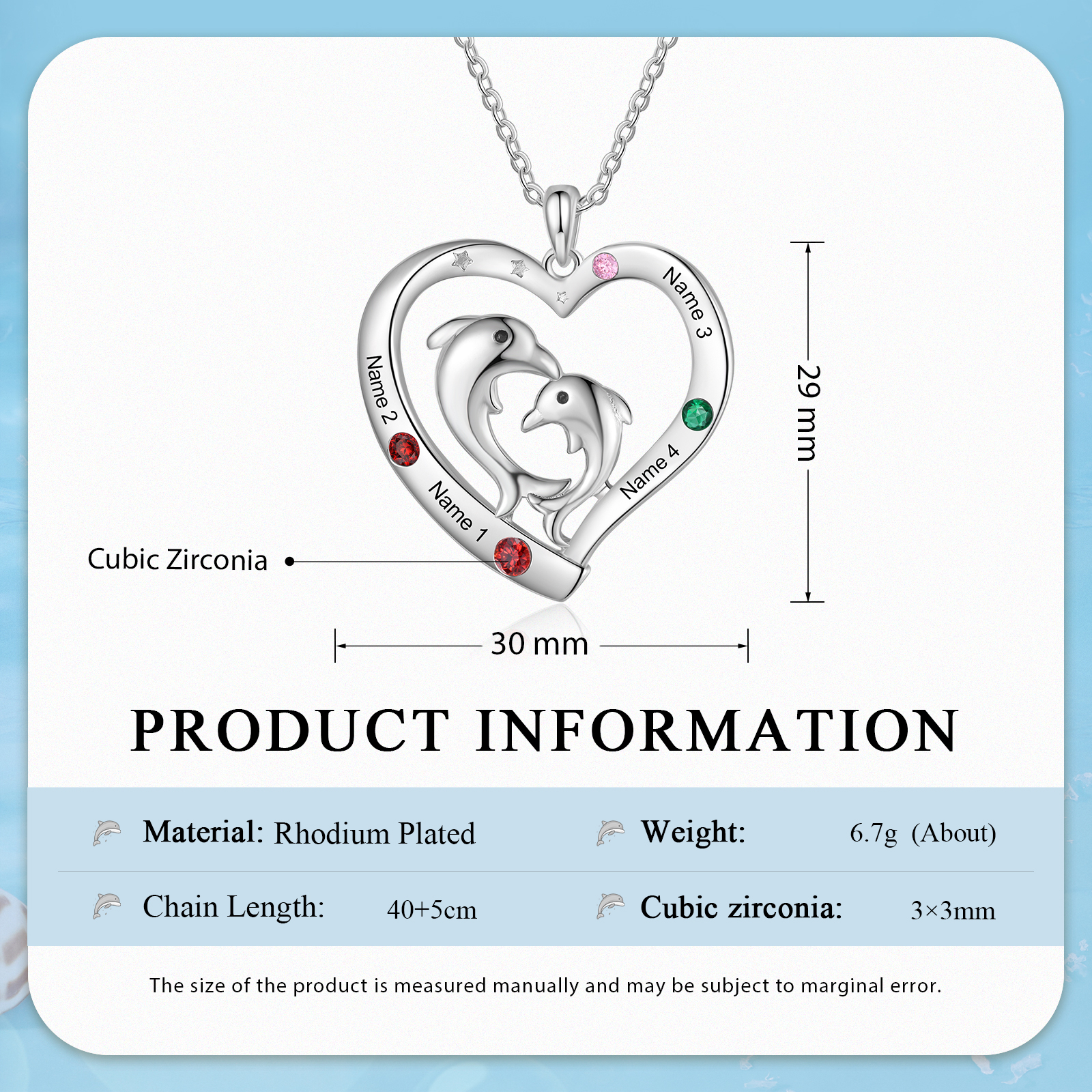 Personalised Heart Dolphin Pendant Necklace Custom 4 Birthstones Engraved 4 Names Necklace Gift for Her-Jessemade AU