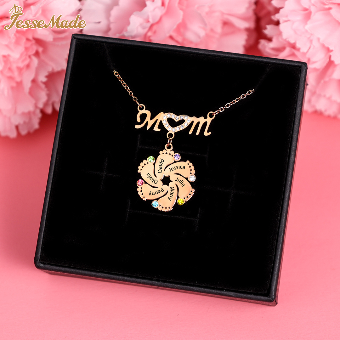 Mom Necklace Customised Baby Feet Necklace with Birthstones Engraving 8 Names Gifts for Her-Jessemade AU