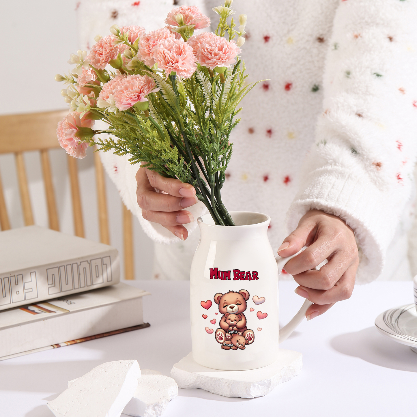 Personalised Ceramic Flower Vase Custom 2–8 Names & 1 Text Bear Family Vase Gift for Mother/Grandma-Jessemade AU