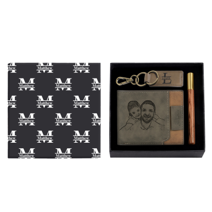 Personalised 1 Photo & 3 Names & 3 Letters Gift Set Custom Wallet & Keychain & Pen Gift Box Set Father’s Day Gift for Him-Jessemade AU