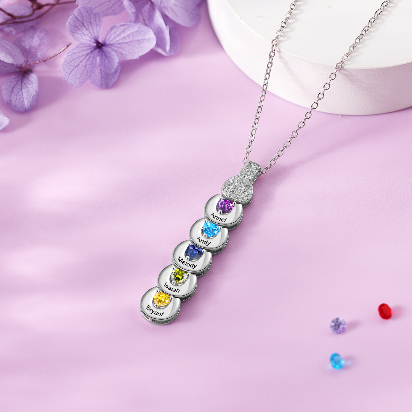 Custom Family Necklace Cascading Pendant with 5 Birthstones Engraving 5 Names Gifts for Her-Jessemade AU