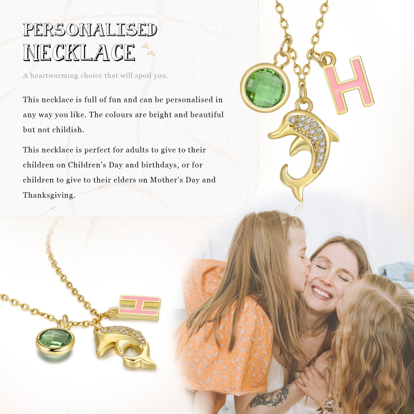 Back To School Personalised Dolphin Necklace Custom Birthstone and Initial Necklace-Jessemade AU