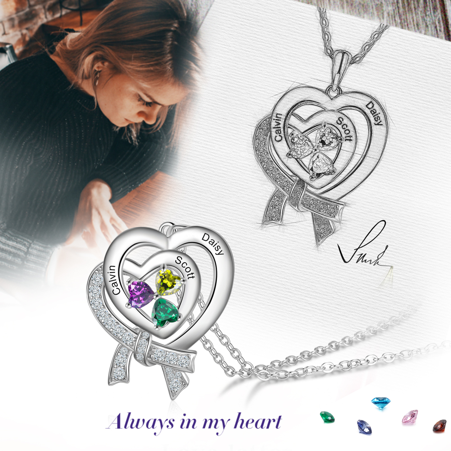 Personalised Heart Necklace With 3 Birthstones Custom Names Best Gift For Women-Jessemade AU