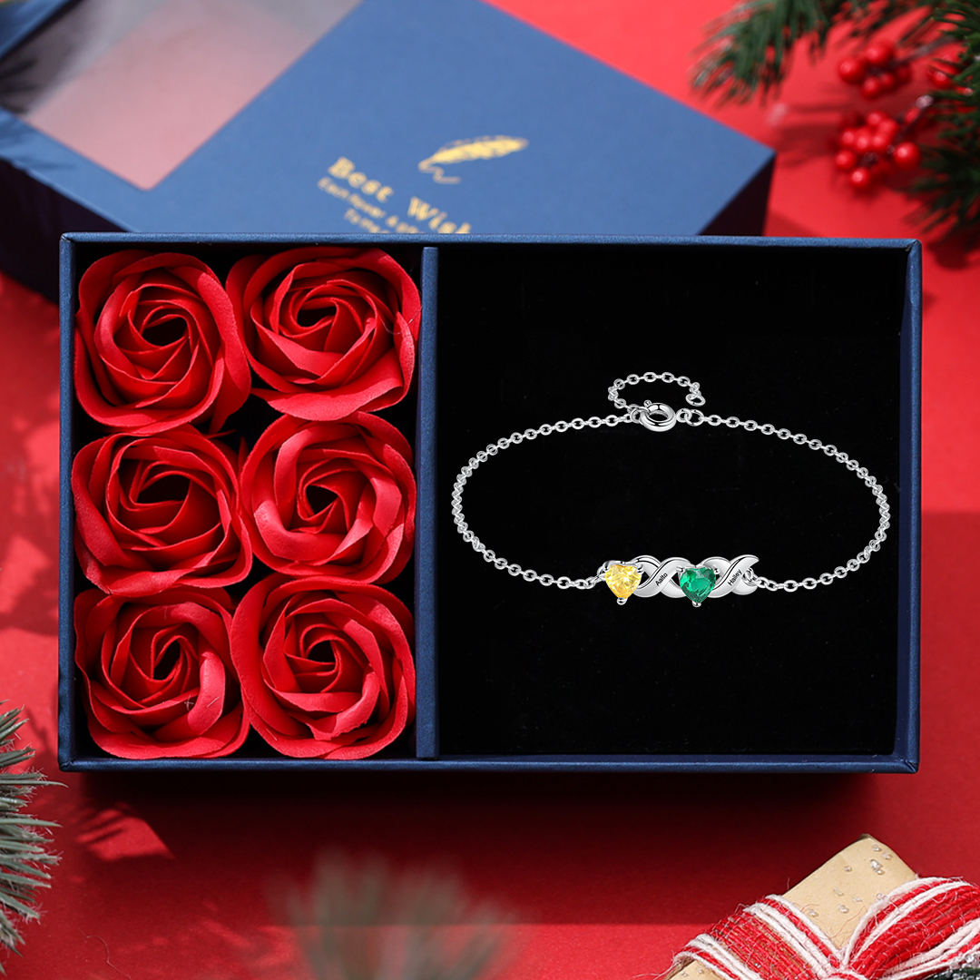 Family Custom Bracelet Heart Personalised with 2 Birthstones Gift Box Set-Jessemade AU