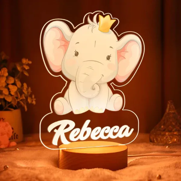 Personalised Crown Elephant Night Light Custom Name LED Lamp for Kids-Jessemade AU