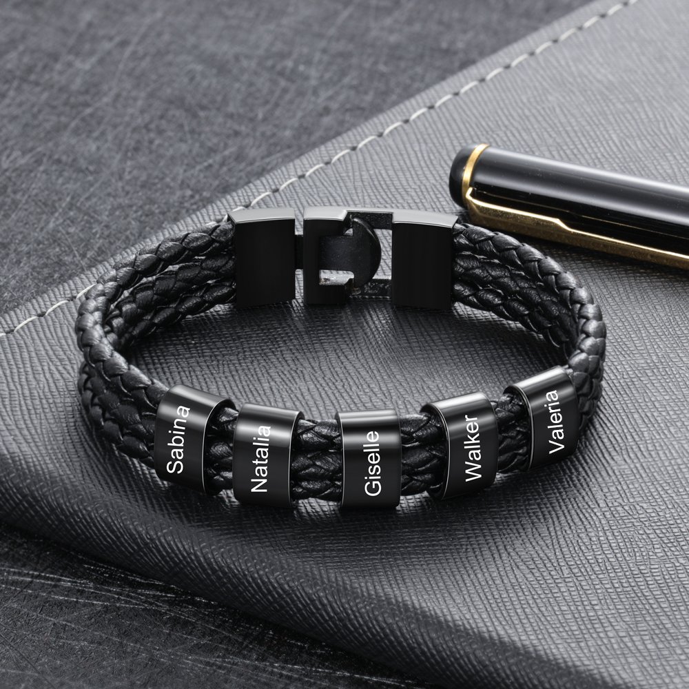 Personalised Braided Leather Bracelet Engraved 7 Names Men's Bracelet for Him-Jessemade AU