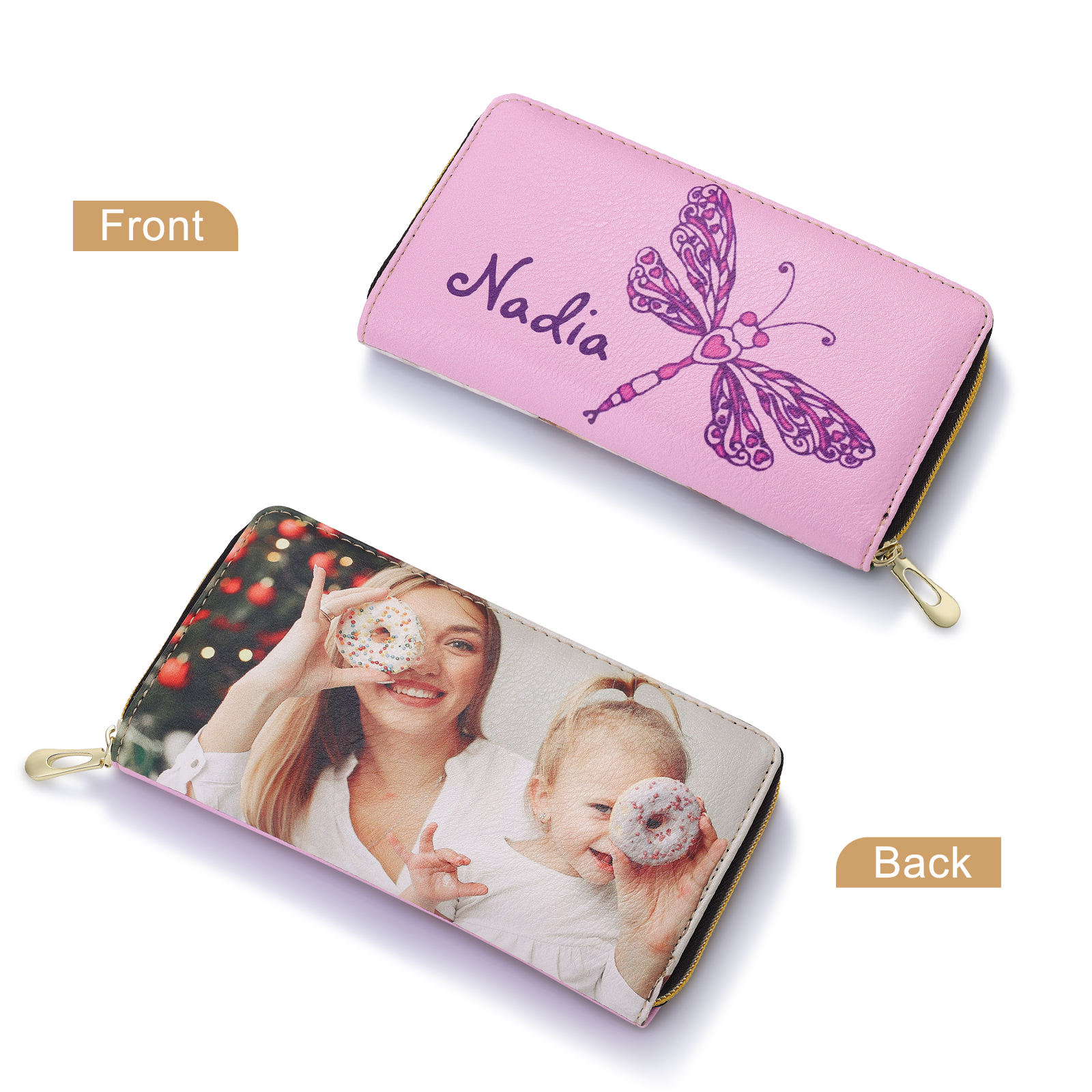 Long Purse Personalised Dragonfly Leather Wallet Engraved 1 Photo Zip Wallet Gifts for Her-Jessemade AU