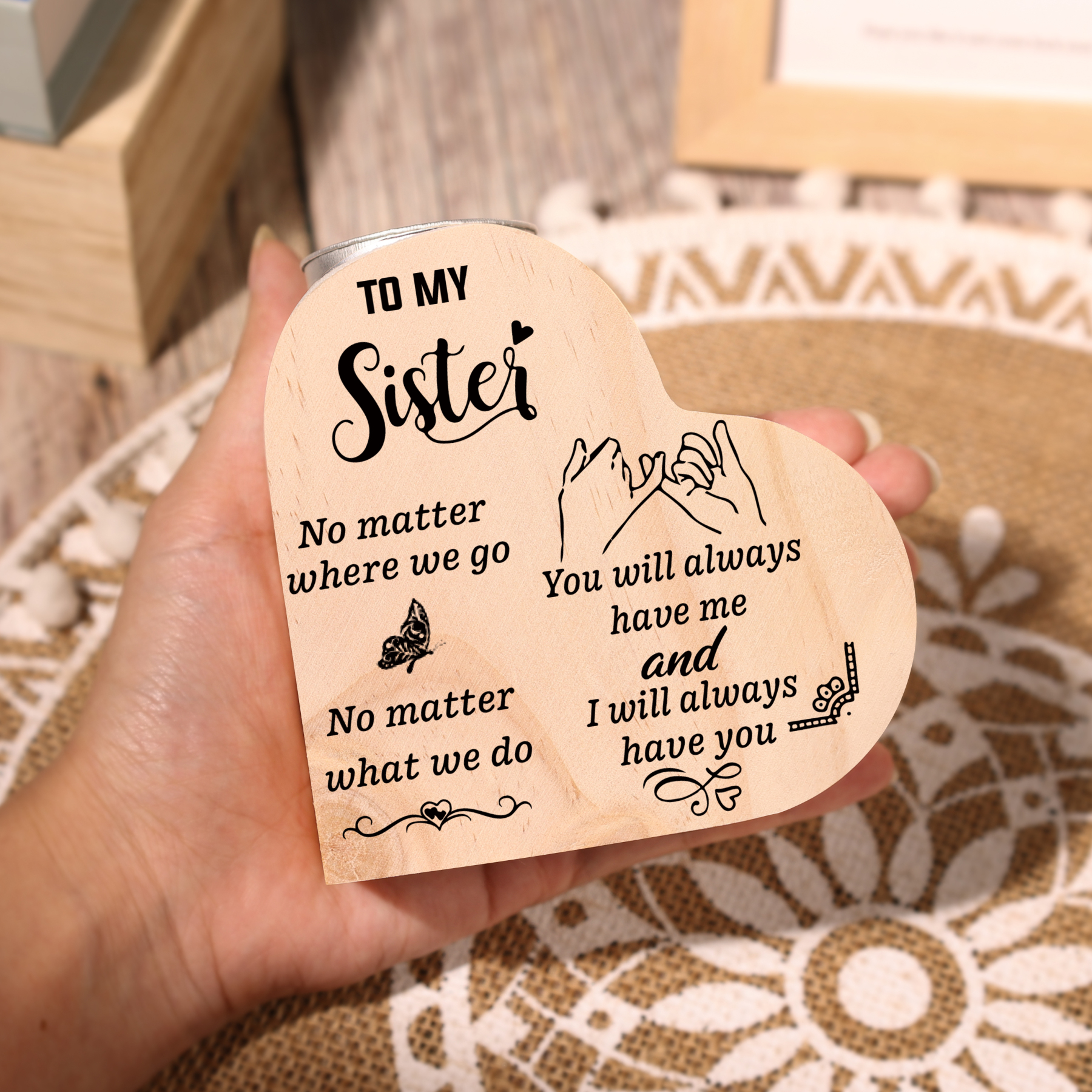 To My Sister Pinky Swear Promise Heart Candle Holder "You Have Me And I Have You" Wooden Candlestick-Jessemade AU