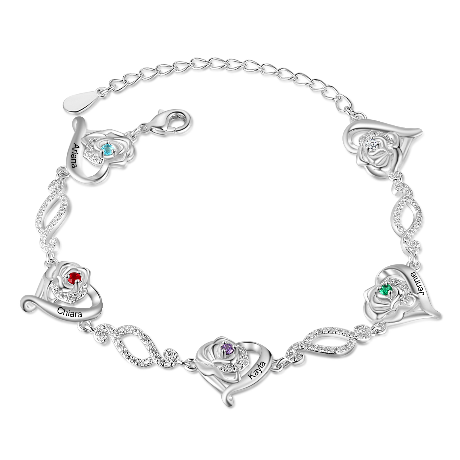 Flowers Bracelet Personalised 4 Birthstones Bracelet Engraved Names Flowers Charm Gifts For Her-Jessemade AU